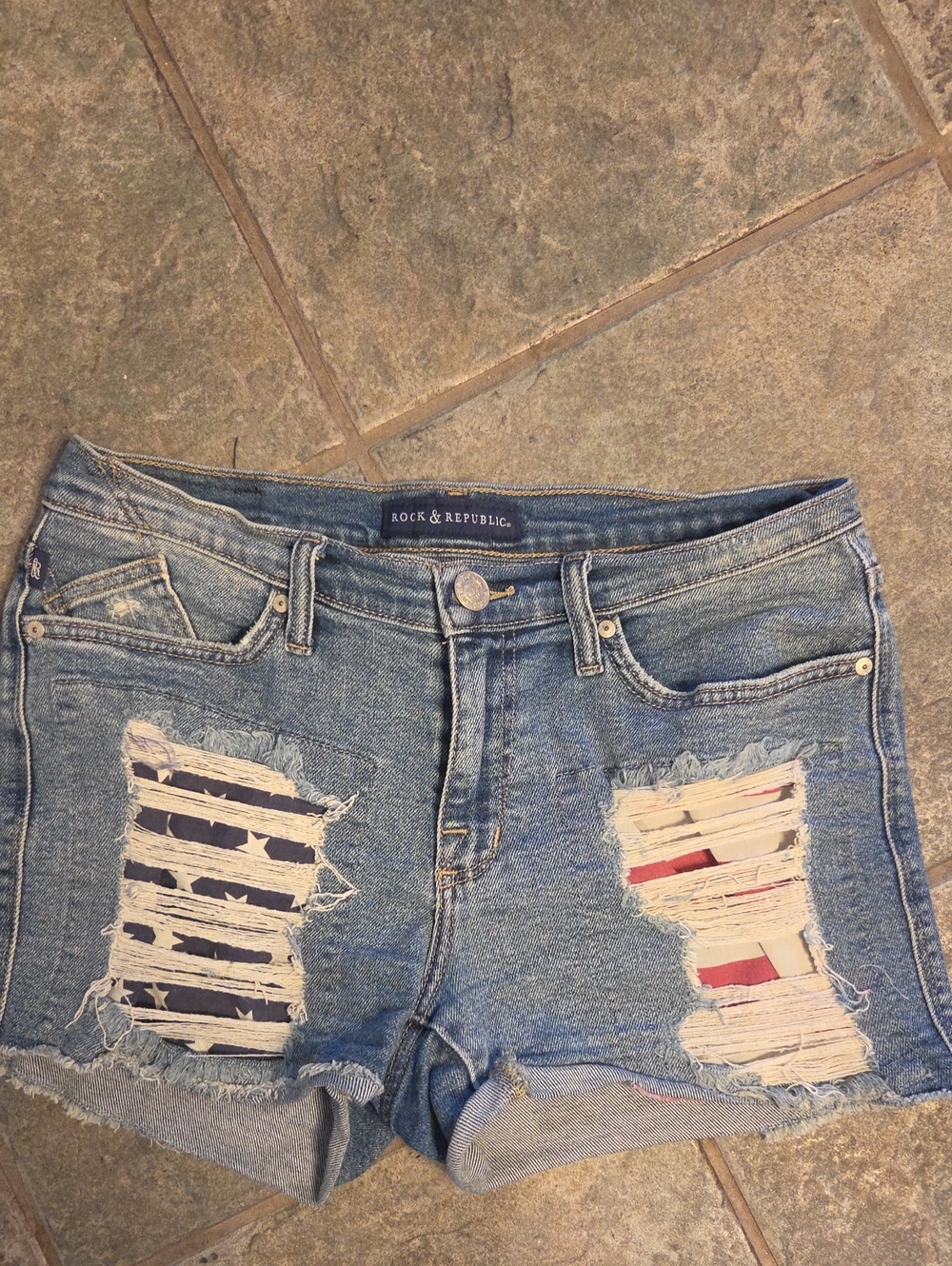 Rock & Republic Light Blue Distressed Flag Patch Jean Shorts